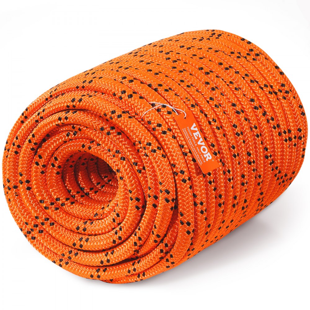VEVOR Double Braided Polyester Rope, 19 mm x 67.06 m, 24 Strands, 88.96kN Breaking Strength Outdoor Climbing Rope, Arborist Rigging Rope for Rock Hiking Camping Swing Rappelling Rescue, Orange/Black