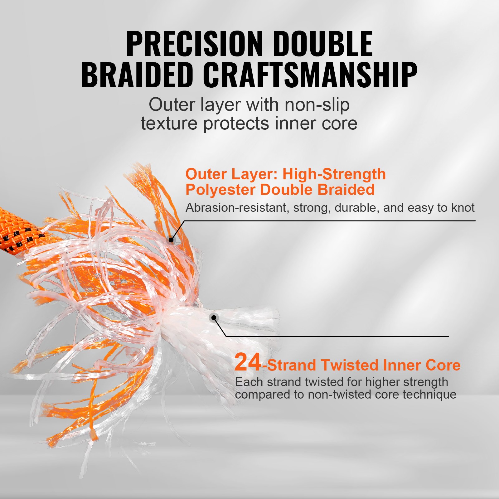 VEVOR Double Braided Polyester Rope, 19 mm x 67.06 m, 24 Strands, 88.96kN Breaking Strength Outdoor Climbing Rope, Arborist Rigging Rope for Rock Hiking Camping Swing Rappelling Rescue, Orange/Black