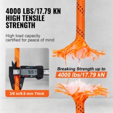 VEVOR Double Braided Polyester Rope, 9.5 mm x 36.57 m, 48 Strands, 17.79kN Breaking Strength Outdoor Climbing Rope, Arborist Rigging Rope for Rock Hiking Camping Swing Rappelling Rescue, Orange/Black