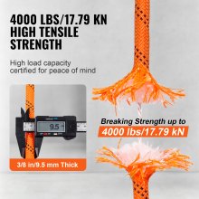 VEVOR Double Braided Polyester Rope, 3/8 in x 120 ft, 48 Strands, 4000 LBS Breaking Strength Outdoor Climbing Rope, Arborist Rigging Rope for Rock Hiking Camping Swing Rappelling Rescue, Orange/Black