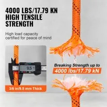 VEVOR Double Braided Polyester Rope, 3/8 in x 120 ft, 48 Strands, 4000 LBS Breaking Strength Outdoor Climbing Rope, Arborist Rigging Rope for Rock Hiking Camping Swing Rappelling Rescue, Orange/Black