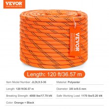 VEVOR Double Braided Polyester Rope, 3/8 in x 120 ft, 48 Strands, 4000 LBS Breaking Strength Outdoor Climbing Rope, Arborist Rigging Rope for Rock Hiking Camping Swing Rappelling Rescue, Orange/Black