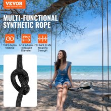 VEVOR Braided Nylon Rope, 3/16 in x 1000 ft, 32 Strands, 720 LBS Breaking Strength Outdoor Climbing Rope, Arborist Tree Climbing Rigging Rope for Rock Hiking Camping Swing Rappelling Rescue, Black