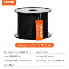 VEVOR Braided Nylon Rope, 3/16 in x 250 ft, 32 Strands, 720 LBS Breaking Strength Outdoor Climbing Rope, Arborist Tree Climbing Rigging Rope for Rock Hiking Camping Swing Rappelling Rescue, Black