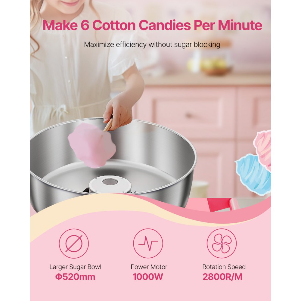 VEVOR Electric Cotton Candy Machine with Cart, 1000W Commercial Candy Floss Maker with 52cm in Stainless Steel Bowl, Sugar Scoop, and Drawer, Easy to Use, for Home, Kids Birthday, Family Party, Pink