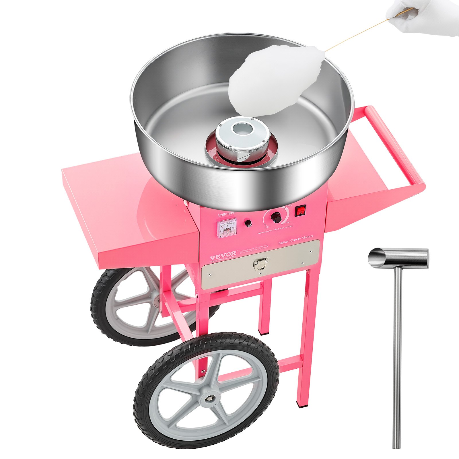 VEVOR Electric Cotton Candy Machine with Cart, 1000W Commercial Candy Floss Maker with 52cm in Stainless Steel Bowl, Sugar Scoop, and Drawer, Easy to Use, for Home, Kids Birthday, Family Party, Pink