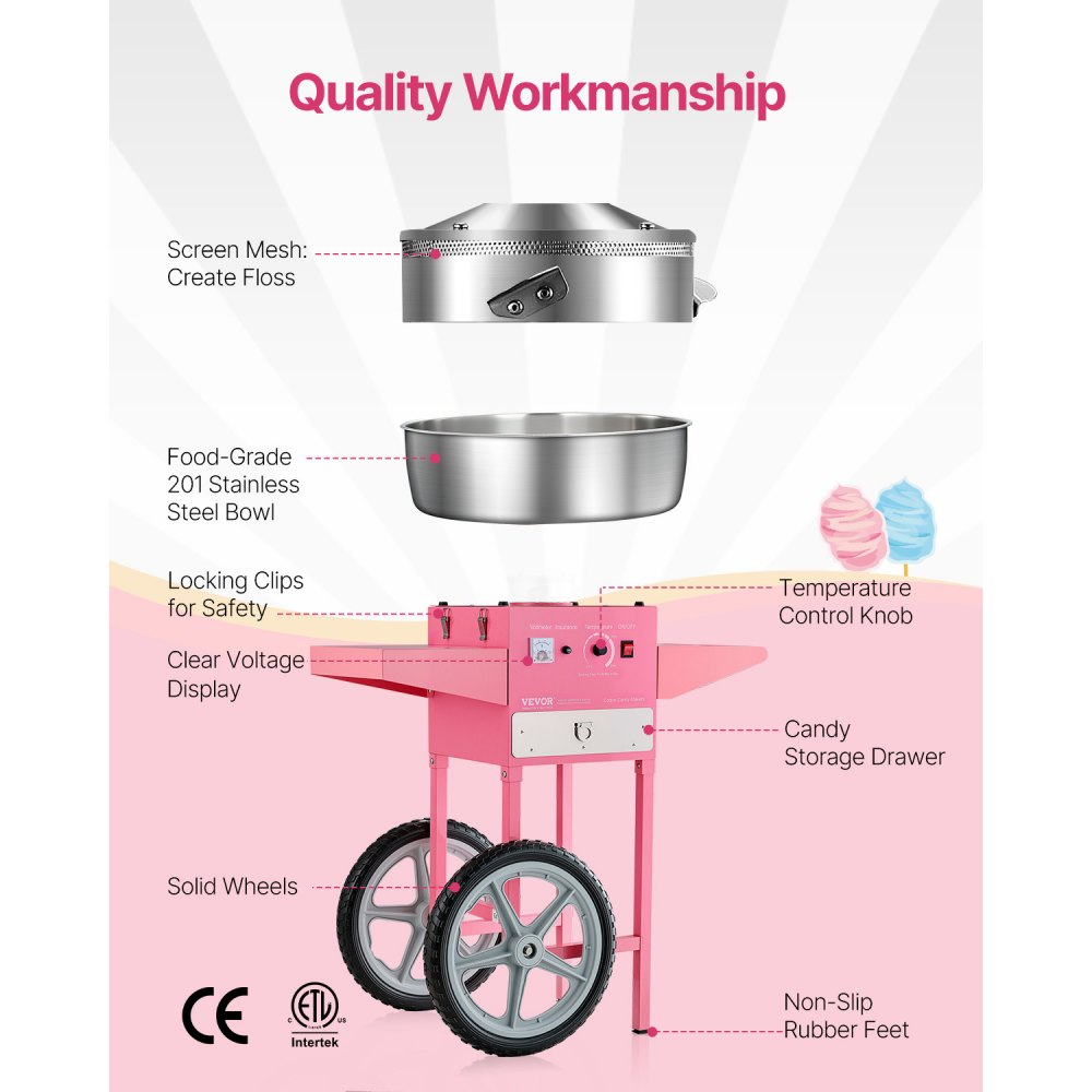 VEVOR Electric Cotton Candy Machine with Cart, 1000W Commercial Candy Floss Maker with 52cm in Stainless Steel Bowl, Sugar Scoop, and Drawer, Easy to Use, for Home, Kids Birthday, Family Party, Pink