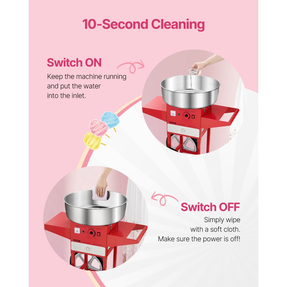 VEVOR Electric Cotton Candy Machine with Cart, 1000W Commercial Candy Floss Maker with 20.5 in Stainless Steel Bowl, Sugar Scoop, and Drawer, Easy to Use, for Home, Kids Birthday, Family Party, Red