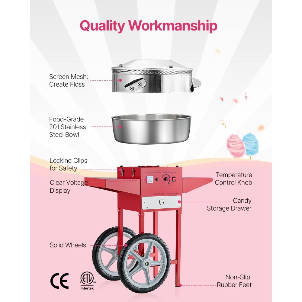 VEVOR Electric Cotton Candy Machine with Cart, 1000W Commercial Candy Floss Maker with 20.5 in Stainless Steel Bowl, Sugar Scoop, and Drawer, Easy to Use, for Home, Kids Birthday, Family Party, Red
