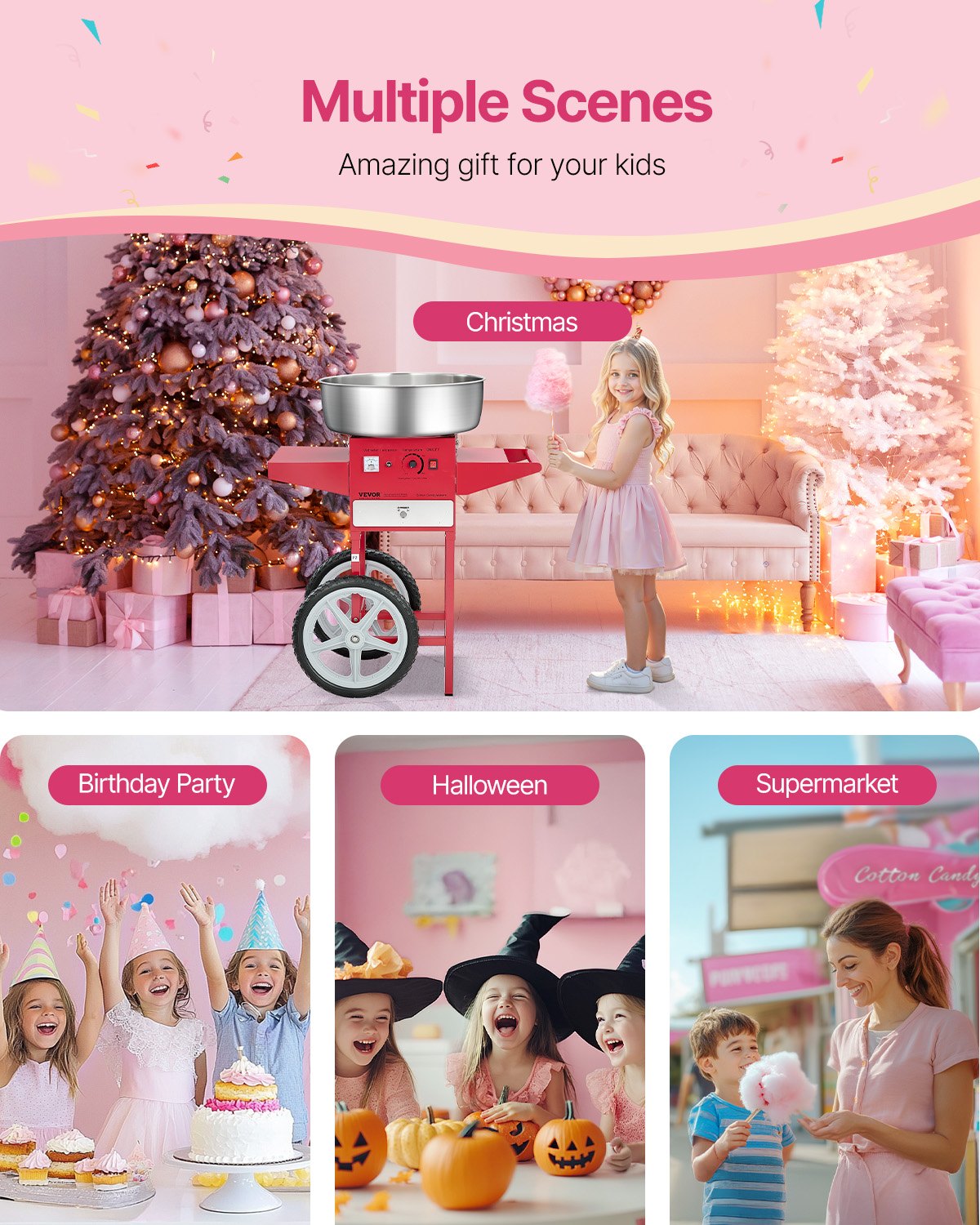 VEVOR Electric Cotton Candy Machine with Cart, 1000W Commercial Candy Floss Maker with 52cm Stainless Steel Bowl, Sugar Scoop, and Drawer, Easy to Use, for Home, Kids Birthday, Family Party, Red