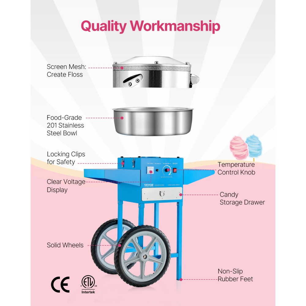 VEVOR Electric Cotton Candy Machine with Cart, 1000W Commercial Candy Floss Maker with 52cm Stainless Steel Bowl, Sugar Scoop, and Drawer, Easy to Use, for Home, Kids Birthday, Family Party, Blue