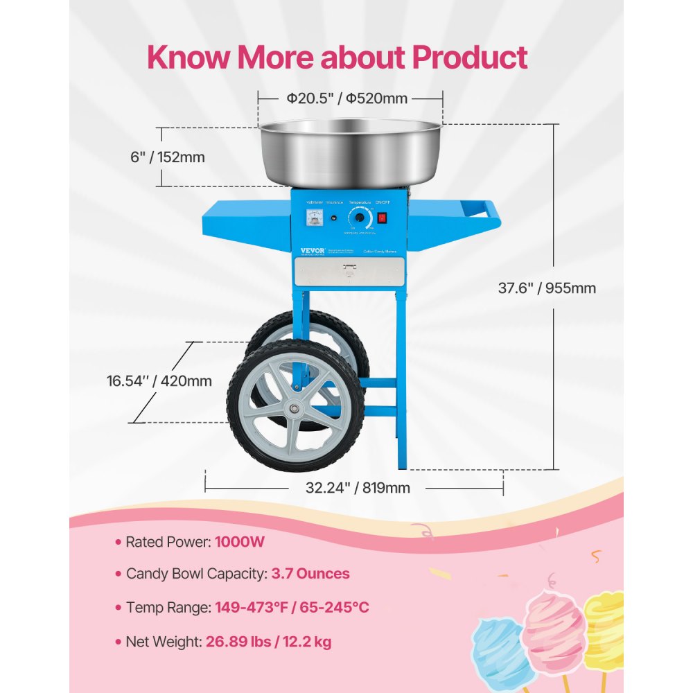 VEVOR Electric Cotton Candy Machine with Cart, 1000W Commercial Candy Floss Maker with 52cm Stainless Steel Bowl, Sugar Scoop, and Drawer, Easy to Use, for Home, Kids Birthday, Family Party, Blue
