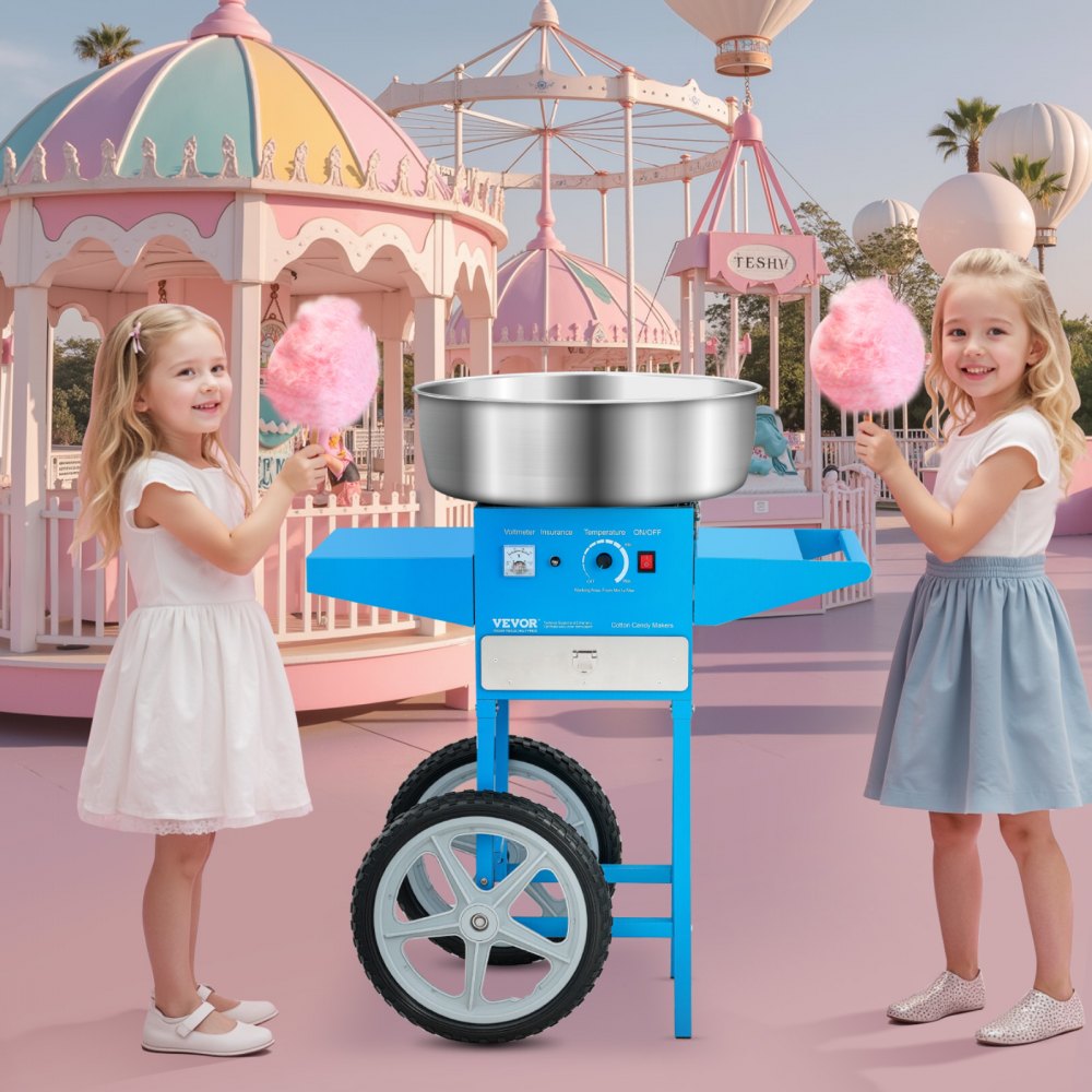 VEVOR Electric Cotton Candy Machine with Cart, 1000W Commercial Candy Floss Maker with 52cm Stainless Steel Bowl, Sugar Scoop, and Drawer, Easy to Use, for Home, Kids Birthday, Family Party, Blue
