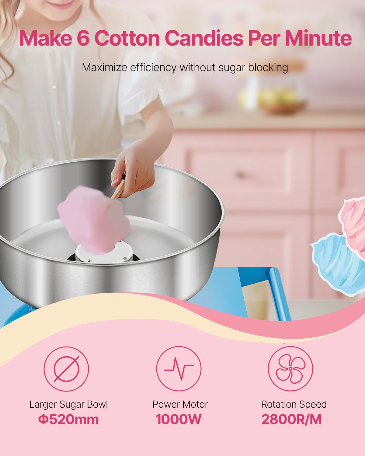 VEVOR Electric Cotton Candy Machine with Cart, 1000W Commercial Candy Floss Maker with 52cm Stainless Steel Bowl, Sugar Scoop, and Drawer, Easy to Use, for Home, Kids Birthday, Family Party, Blue