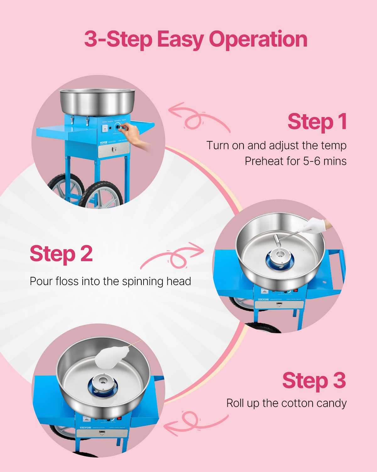 VEVOR Electric Cotton Candy Machine with Cart, 1000W Commercial Candy Floss Maker with 52cm Stainless Steel Bowl, Sugar Scoop, and Drawer, Easy to Use, for Home, Kids Birthday, Family Party, Blue