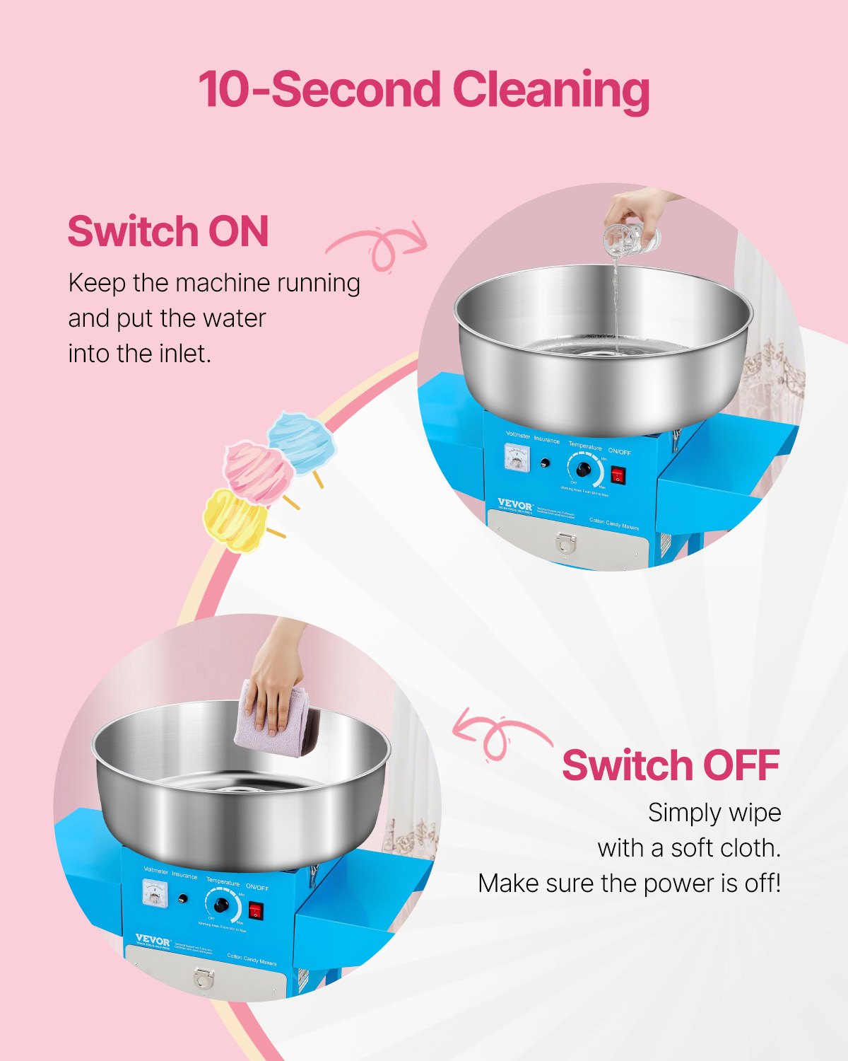 VEVOR Electric Cotton Candy Machine with Cart, 1000W Commercial Candy Floss Maker with 52cm Stainless Steel Bowl, Sugar Scoop, and Drawer, Easy to Use, for Home, Kids Birthday, Family Party, Blue