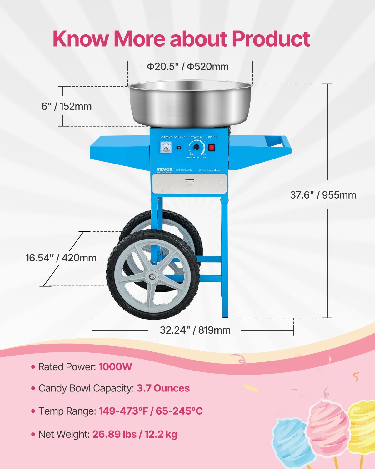 VEVOR Electric Cotton Candy Machine with Cart, 1000W Commercial Candy Floss Maker with 52cm Stainless Steel Bowl, Sugar Scoop, and Drawer, Easy to Use, for Home, Kids Birthday, Family Party, Blue