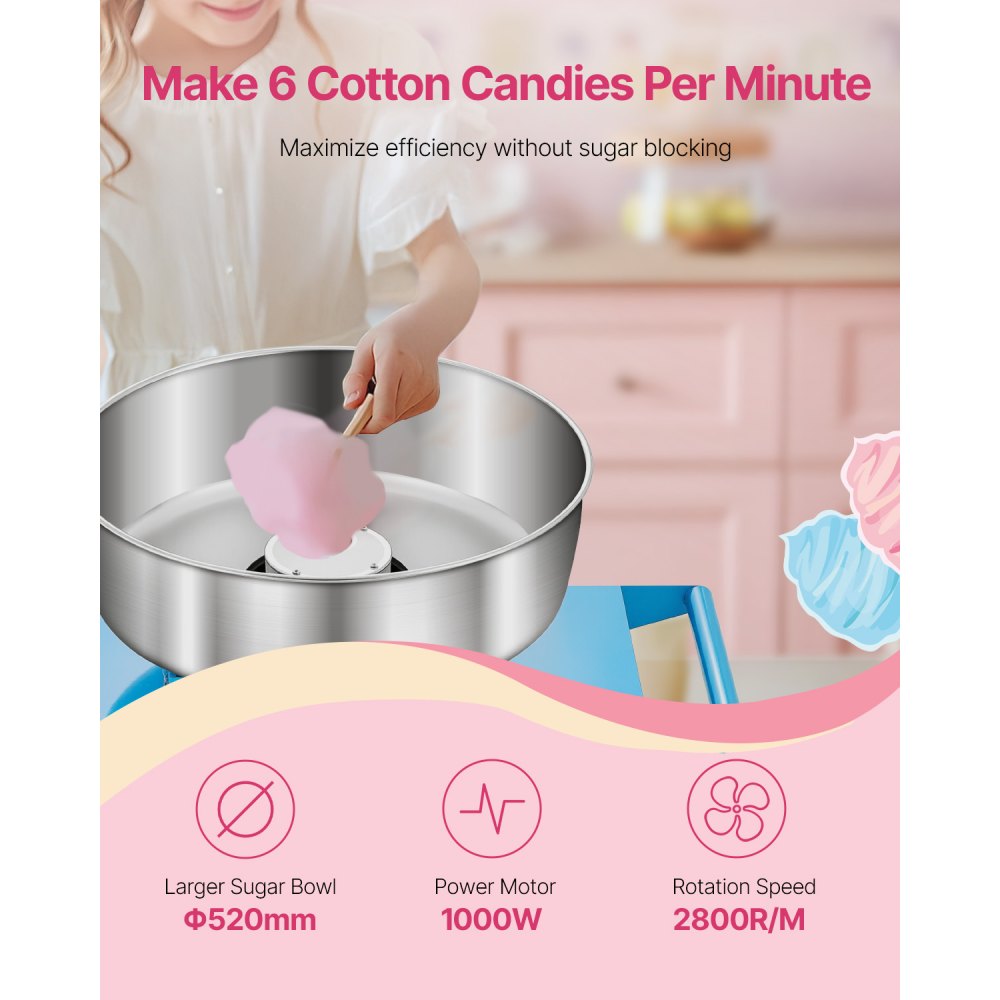 VEVOR Electric Cotton Candy Machine with Cart, 1000W Commercial Candy Floss Maker with 52cm Stainless Steel Bowl, Sugar Scoop, and Drawer, Easy to Use, for Home, Kids Birthday, Family Party, Blue