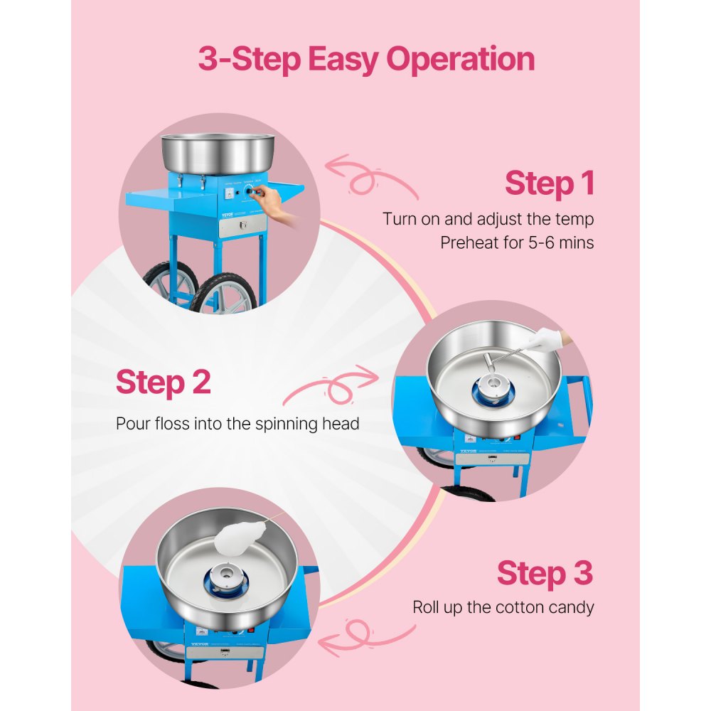 VEVOR Electric Cotton Candy Machine with Cart, 1000W Commercial Candy Floss Maker with 52cm Stainless Steel Bowl, Sugar Scoop, and Drawer, Easy to Use, for Home, Kids Birthday, Family Party, Blue