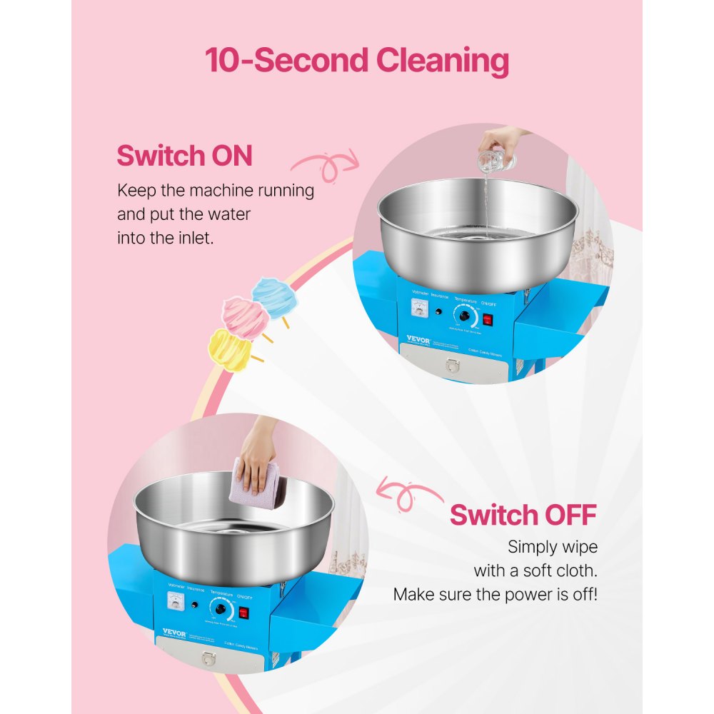 VEVOR Electric Cotton Candy Machine with Cart, 1000W Commercial Candy Floss Maker with 52cm Stainless Steel Bowl, Sugar Scoop, and Drawer, Easy to Use, for Home, Kids Birthday, Family Party, Blue