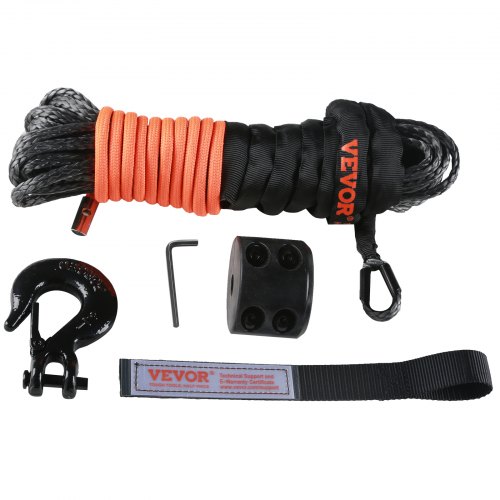 VEVOR Synthetic Winch Rope, 3/16 Inch x 50 Feet 8,350 lbs Synthetic Winch Line Cable Rope with Protective Sleeve + Stopper + Forged Winch Hook + Pull Strap, Universal Fit for ATV, UTV, Vehicle Towing