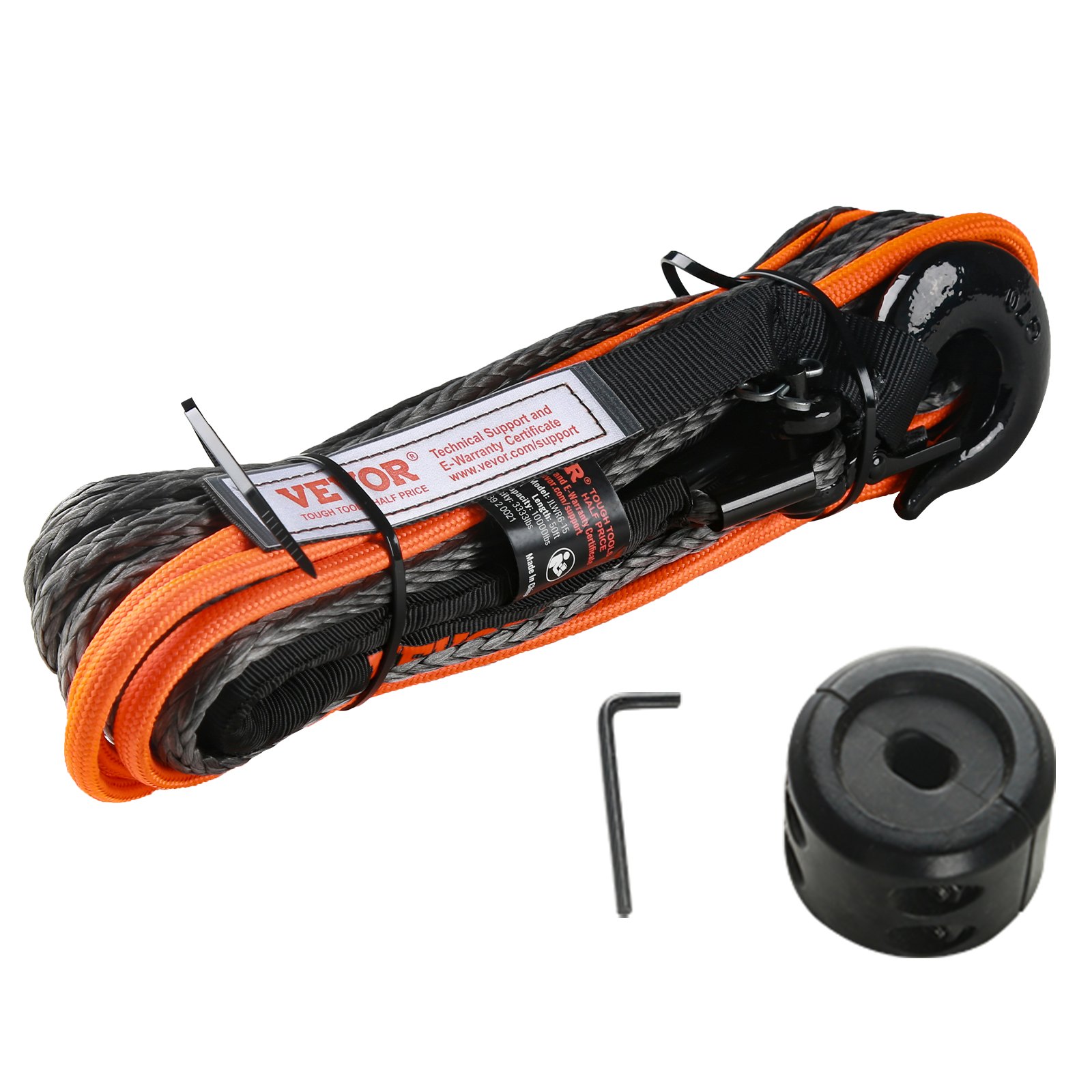 VEVOR Synthetic Winch Rope, 4.8 mm x 15.24 m 3,787.5 kg Synthetic Winch Line Cable Rope with Protective Sleeve + Stopper + Forged Winch Hook + Pull Strap, Universal Fit for ATV, UTV, Vehicle Towing