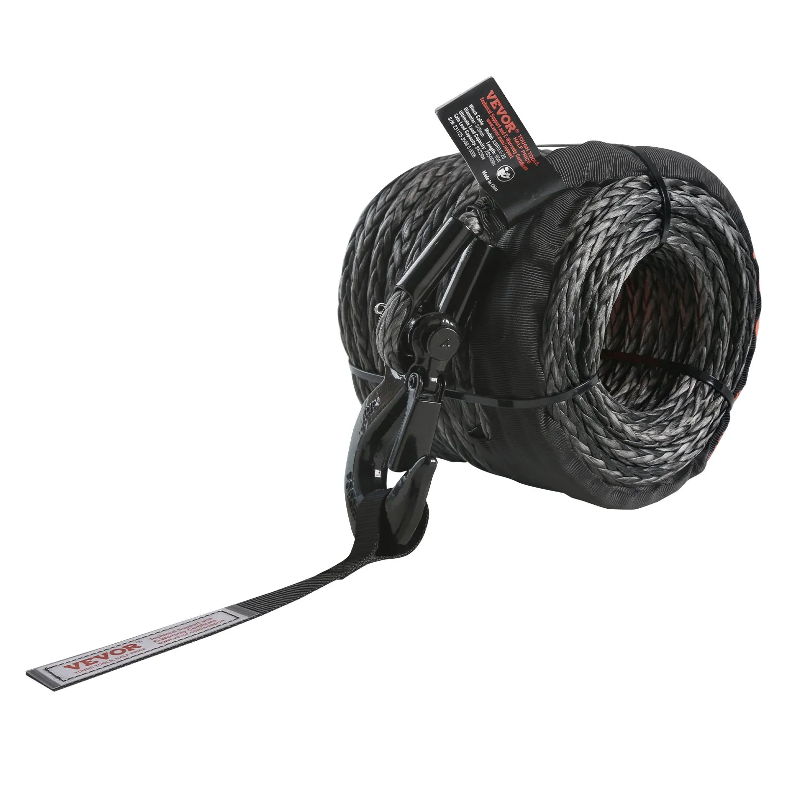 VEVOR Synthetic Winch Rope, 9.5 mm x 30.48 m 12,020 kg Synthetic Winch Line Cable Rope with Protective Sleeve + Forged Winch Hook + Pull Strap, Universal Fit for SUV, Large Off-Road Vehicle, Truck