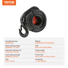 VEVOR Synthetic Winch Rope, 9.5 mm x 25.9 m, 117.9 kN, Synthetic Winch Line Cable Rope with Protective Sleeve + Forged Winch Hook + Pull Strap, Universal Fit for SUV, Large Off-Road Vehicle, Truck