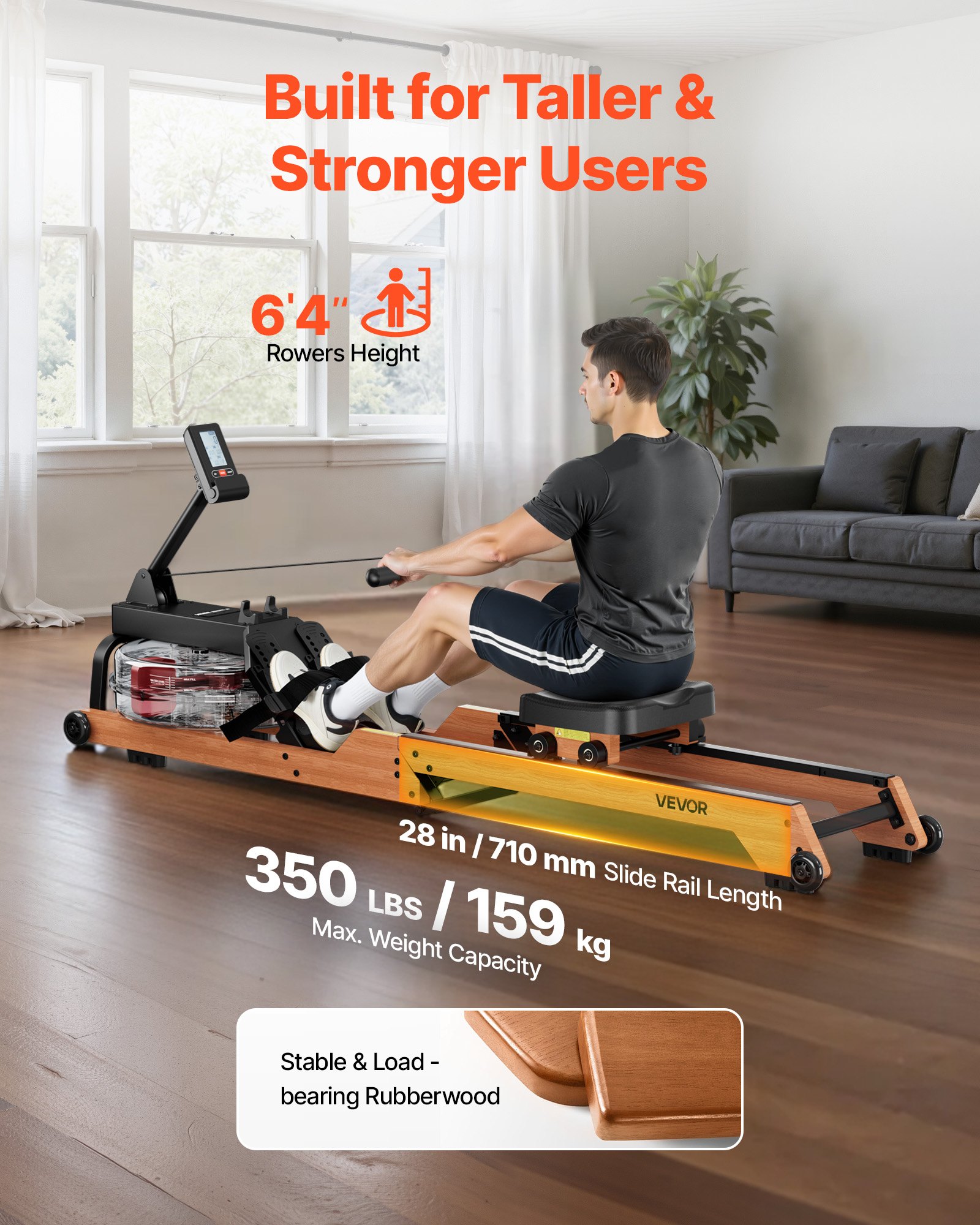 VEVOR Water Rowing Machine, 6-Level Quiet Resistance, Wooden Foldable Rower Machine with 14L Water Tank & LCD Monitor, Bluetooth App Compatible, 158kg Weight Capacity, Immersive Row Machines for Home
