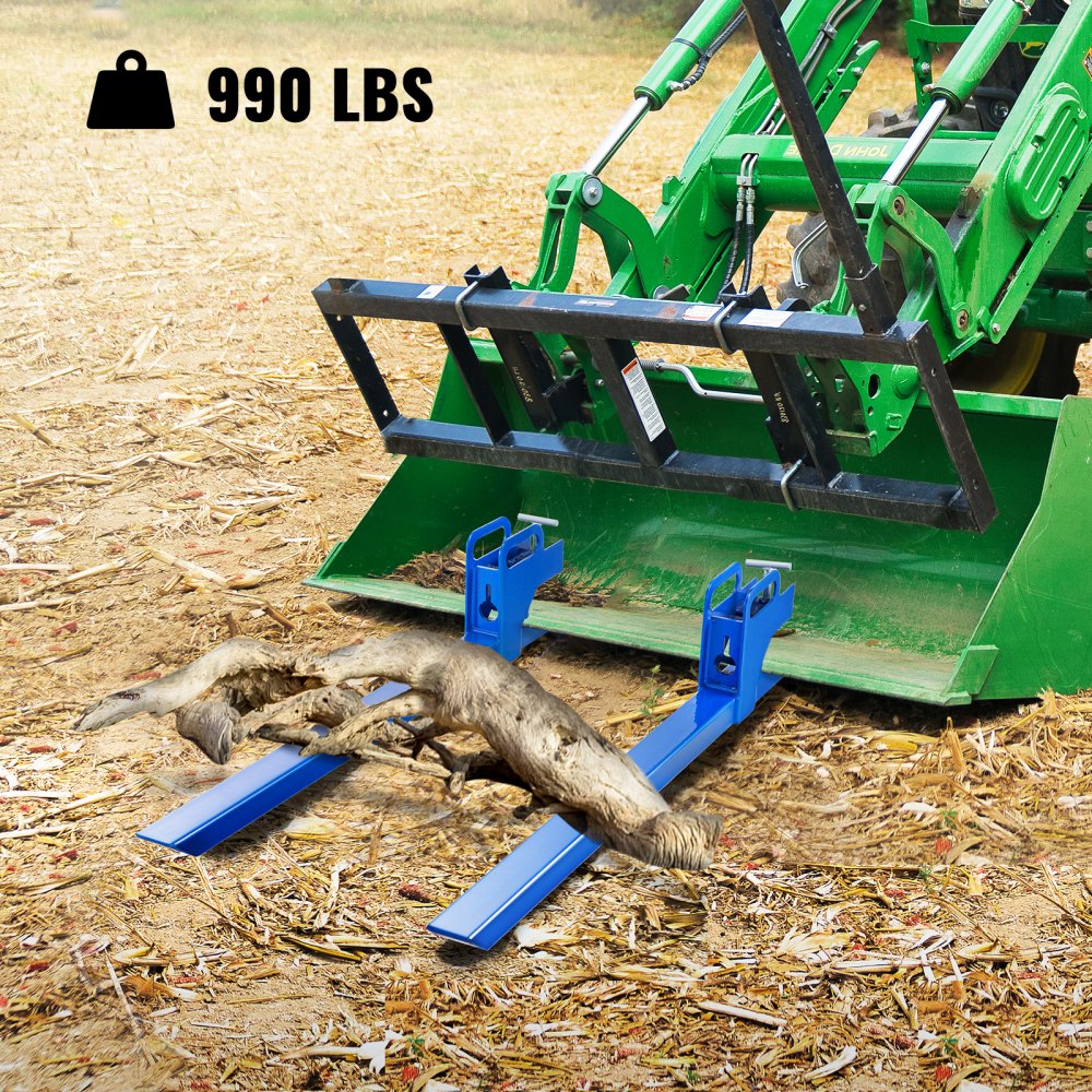 VEVOR Clamp On Pallet Forks 50inch Length, Tractor Bucket Forks 990lbs Lifting Capacity, Bucket Forks For Tractor Loader Skid Steers, 2 Heavy Duty Steel Loader Bucket Attachments, in Blue