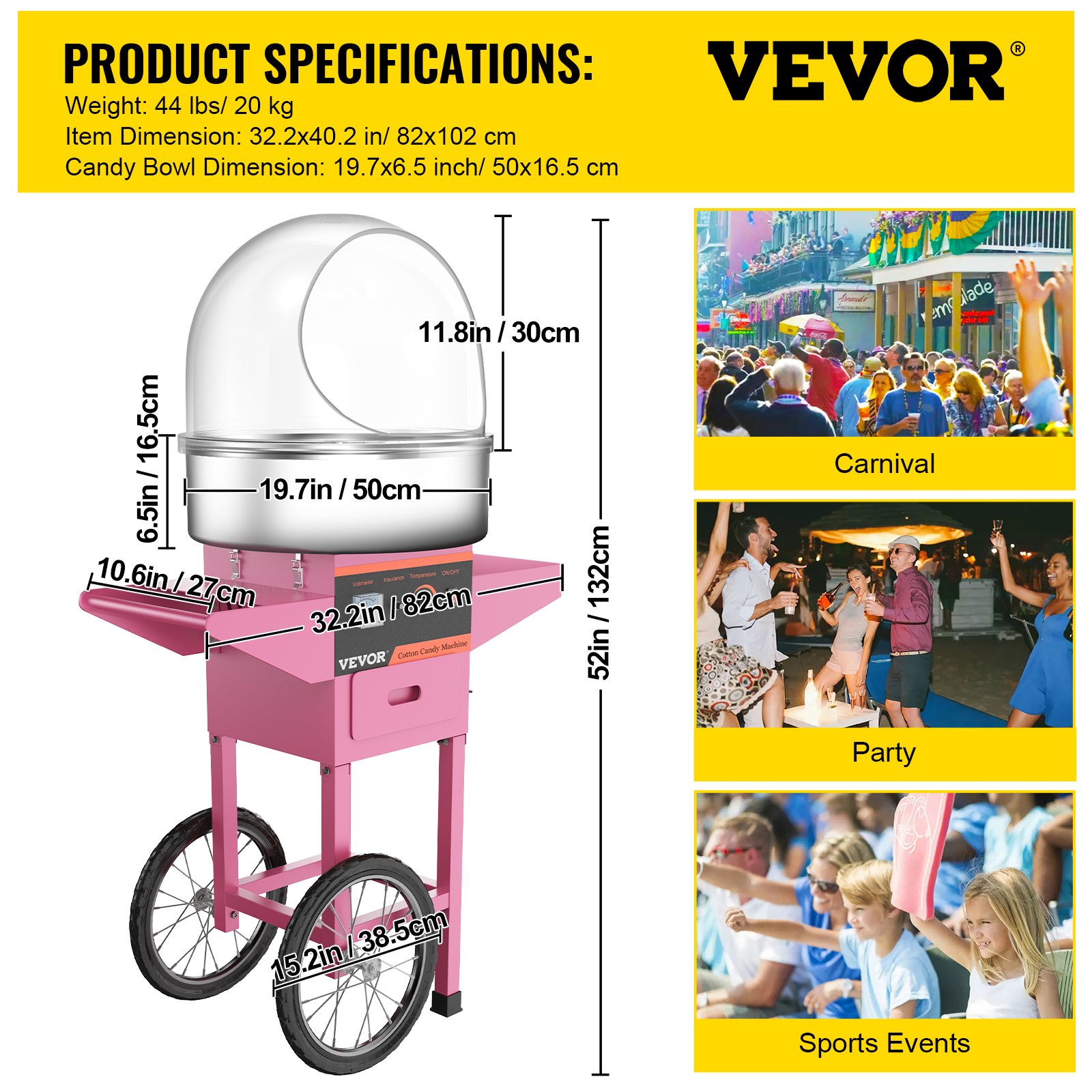 VEVOR Máquina de Algodón de Azúcar Comercial con Cubierta de Burbujas Escudo y Carro Máquina de Algodón de Azúcar Fabricante de Algodón de Azúcar Rosa 1030W Máquina Eléctrica de Algodón de Azúcar Acero Inoxidable para Varias Fiestas