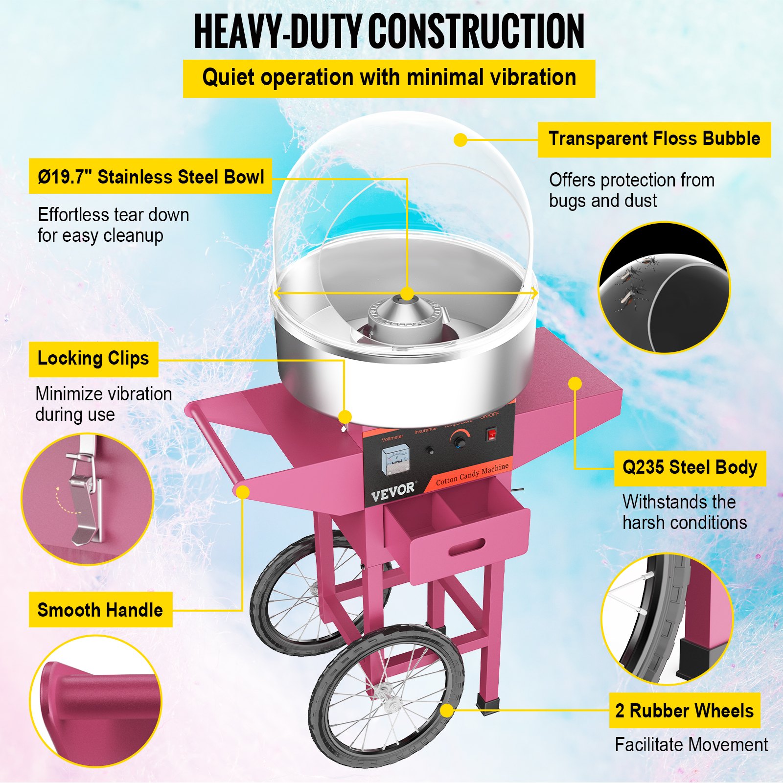 Vevor Cotton Candy Machine Cotton Candy Maker With Cart & Cover Candy Machine Pink