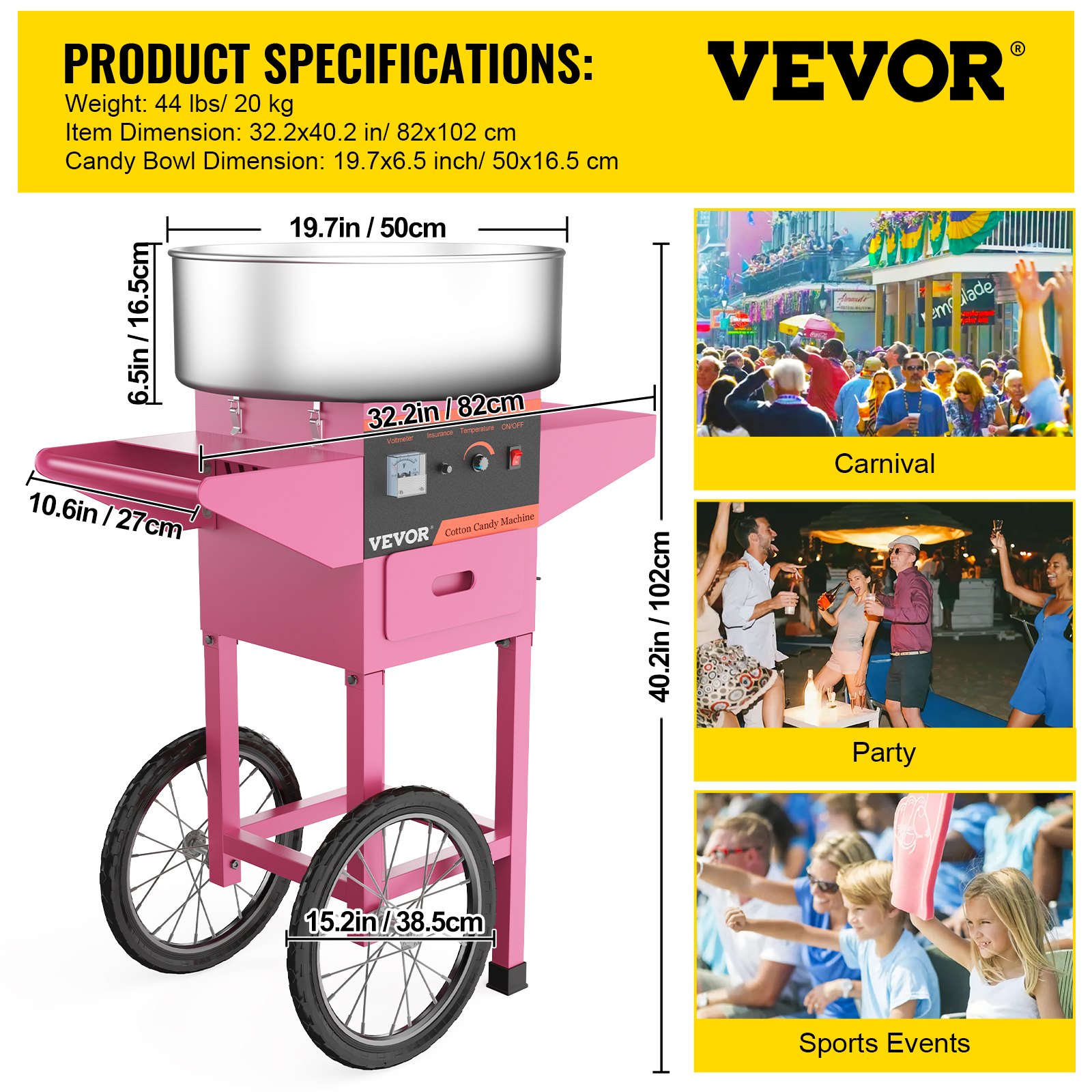 VEVOR Candy Floss Maker Cart Commercial Candyfloss Machine Cart with Stainless Steel Tray Floss Machine Cart 19.7 Inch Food-Grade Stainless Steel Bowl for Wedding Party Commercial Use
