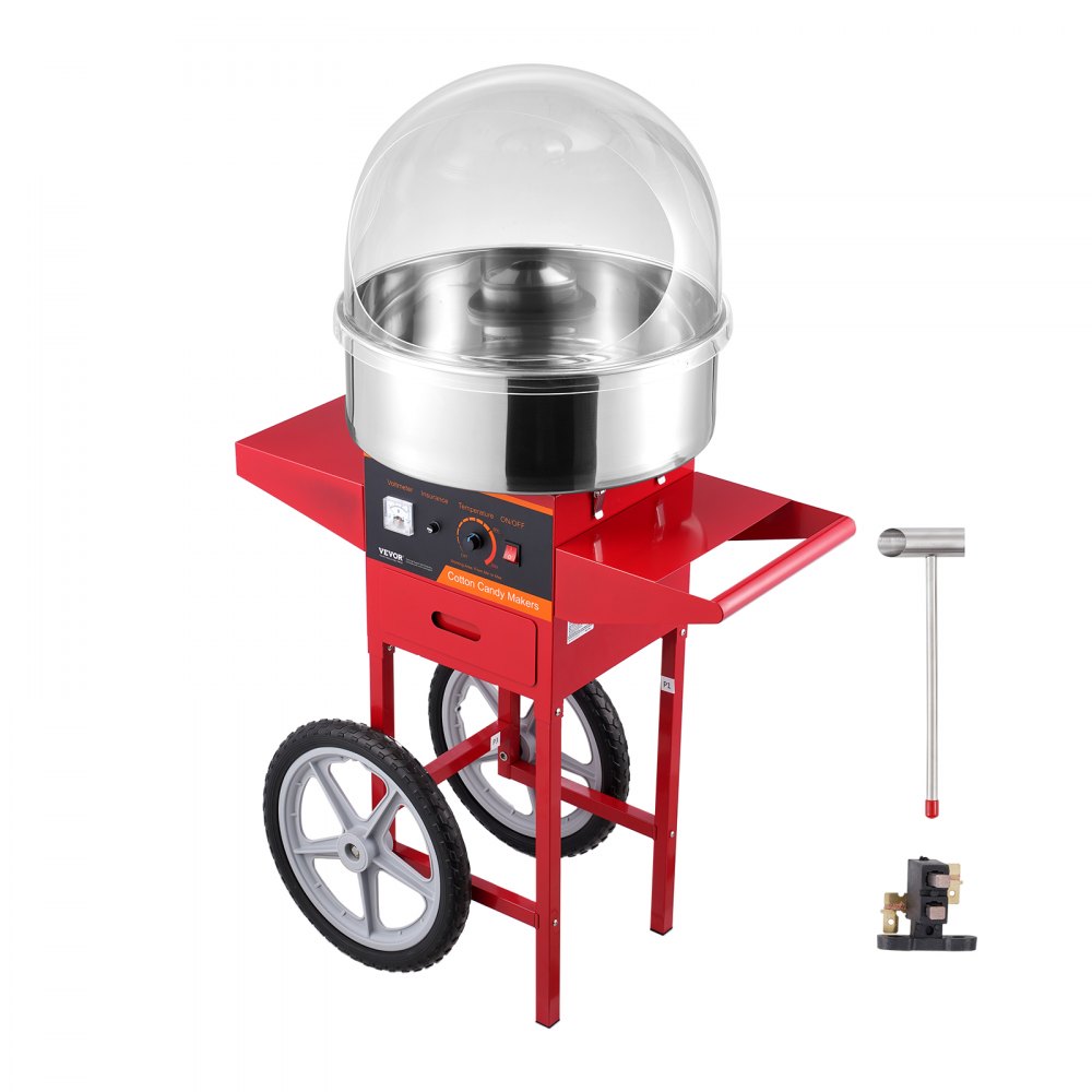 VEVOR Mașină electrică de vată de zahăr cu cărucior, aparat comercial de 1000 W cu capac, bol din oțel inoxidabil, cupă de zahăr și sertar, perfect pentru acasă, aniversarea copiilor, petrecerea de familie, roșu