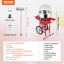 Elektrický stroj na cukrovou vatu VEVOR s vozíkem, 1000W komerční výrobník cukrové vaty s krytem, ​​nerezová mísa, odměrka a zásuvka na cukr, ideální pro domácnost, dětské narozeniny, rodinná oslava, červená