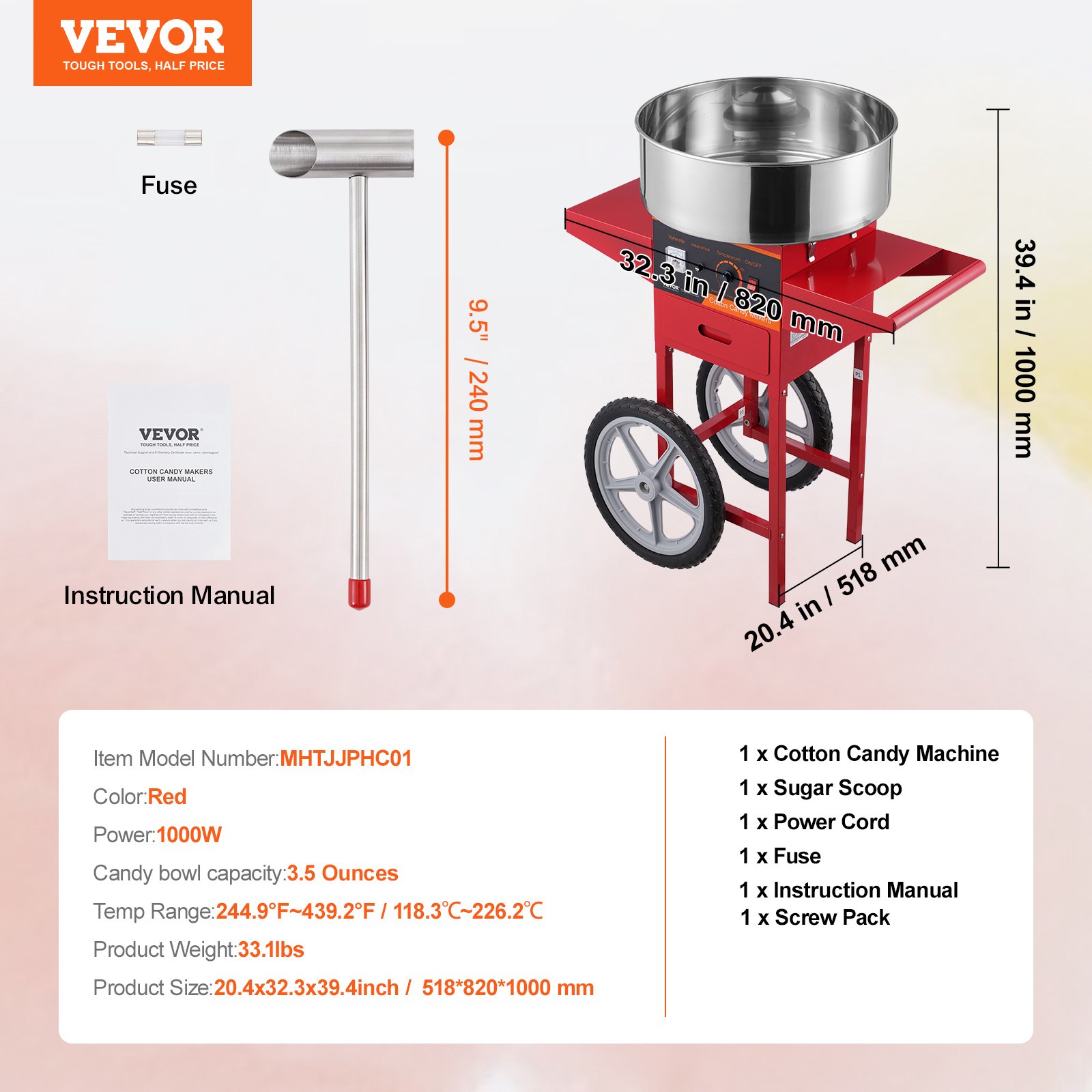 VEVOR Electric Cotton Candy Machine with Cart, 1000W Commercial Candy Floss Maker with Stainless Steel Bowl, Sugar Scoop and Drawer, Perfect for Home, Kids Birthday, Family Party, Red