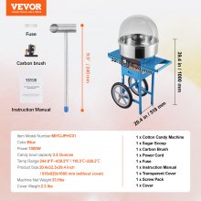 Elektrický stroj na cukrovou vatu VEVOR s vozíkem, 1000W komerční výrobník cukrové vaty s krytem, ​​nerezová mísa, odměrka a zásuvka na cukr, ideální pro domácnost, narozeniny dětí, rodinná oslava, modrá