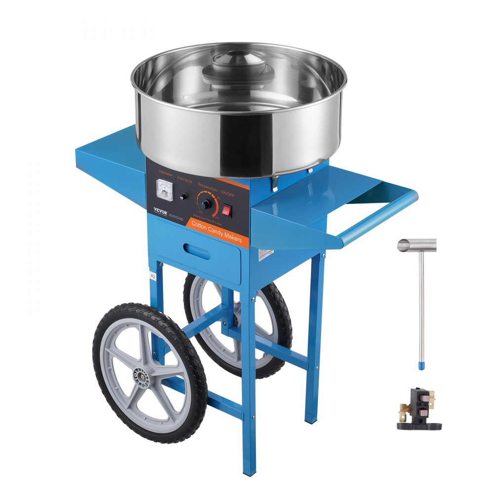 VEVOR Elektrisk sockervaddsmaskin med vagn, 1000 W kommersiell Candy Floss-maskin med skål i rostfritt stål, sockerskopa och låda, perfekt för hemmet, barnfödelsedag, familjefest, blå