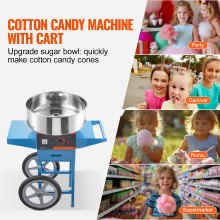 VEVOR elektrisk sukkerspinnmaskin med handlevogn, 1000 W kommersiell candy Floss-maskin med bolle i rustfritt stål, sukkerskje og skuff, perfekt for hjemmet, barnebursdag, familiefest, blå