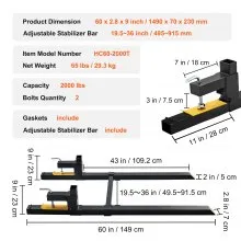VEVOR Pallet Forks, 2000 lbs Tractor Bucket Forks, 60" Total Length Clamp on Pallet Forks with Adjustable Stabilizer bar, Heavy Duty Pallet Forks for Tractor Attachments, Skid Steer, Loader Bucket