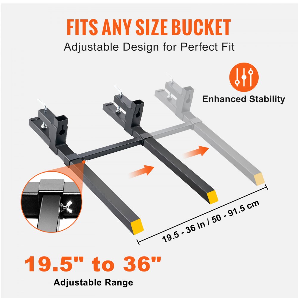 VEVOR Pallet Forks, 907.2 kg Clamp on Pallet Forks, 109.2 cm Total Length Tractor Bucket Forks with Adjustable Stabilizer Bar, Heavy Duty Pallet Forks for Tractor Attachments, Skid Steer, Loader Bucket