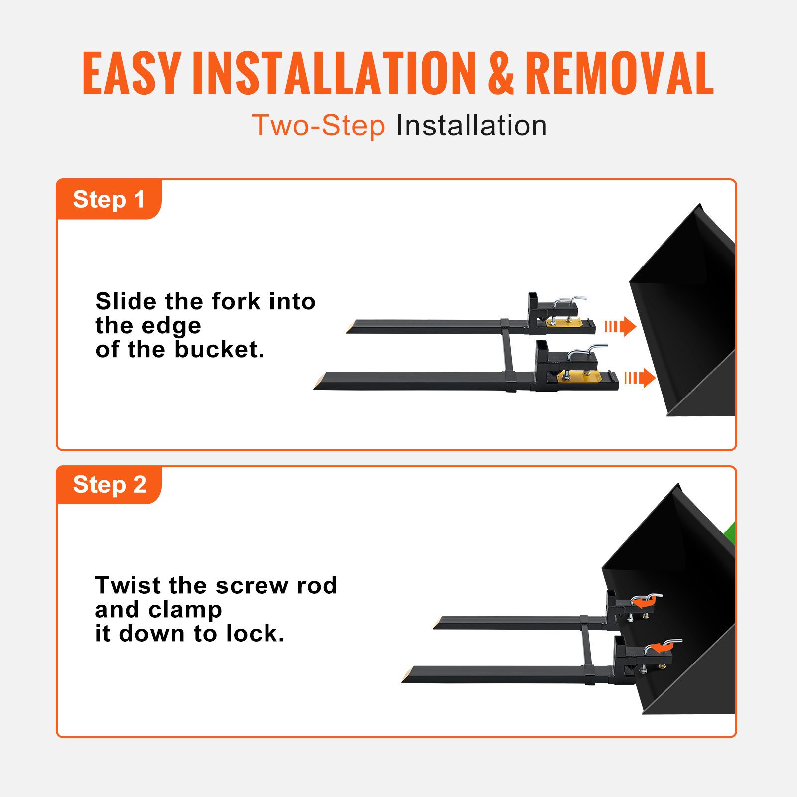 VEVOR Pallet Forks, 907 kg Clamp on Pallet Forks, 1490 mm Total Length Heavy Duty Pallet Forks with Adjustable Stabilizer bar, Tractor Bucket Forks for Tractor Attachments, Skid Steer, Loader Bucket