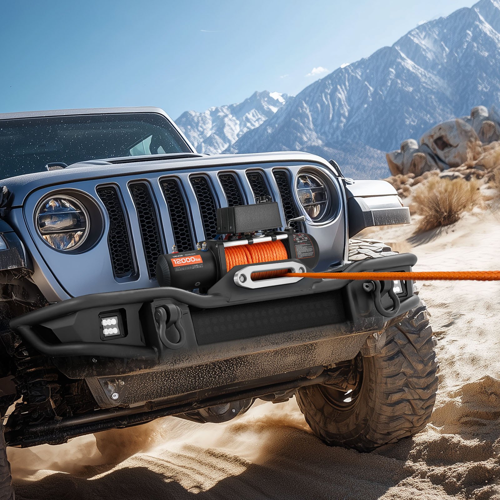 VEVOR Electric Winch, 5400 kg Load Capacity, 12V DC Truck Winch with Φ9.1 mm x 23 m Synthetic Rope, Wireless & Wired Remote Control, IP55 Waterproof for Towing Off-Road SUV Jeep Trailer Boat