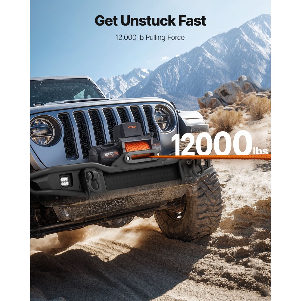 VEVOR Electric Winch, 12000 lbs Load Capacity, 12V DC Truck Winch with Φ3/8 in x 92 ft Synthetic Rope, Wireless & Wired Remote Control, IP67 Waterproof for Towing Off-Road SUV Jeep Trailer Boat