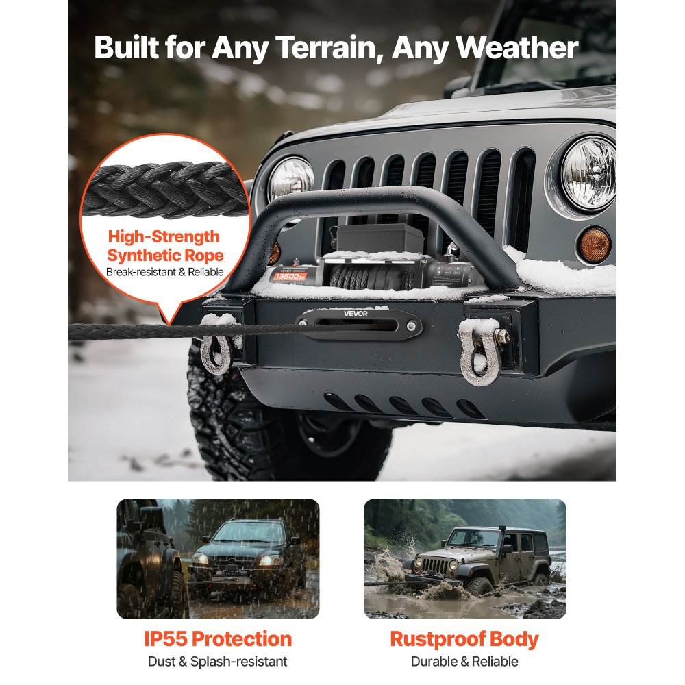 VEVOR Electric Winch, 6100 kg Load Capacity, 12V DC Truck Winch with Φ9.5 mm x 26 m Synthetic Rope, Wireless & Wired Remote Control, IP55 Waterproof for Towing Off-Road SUV Jeep Trailer Boat