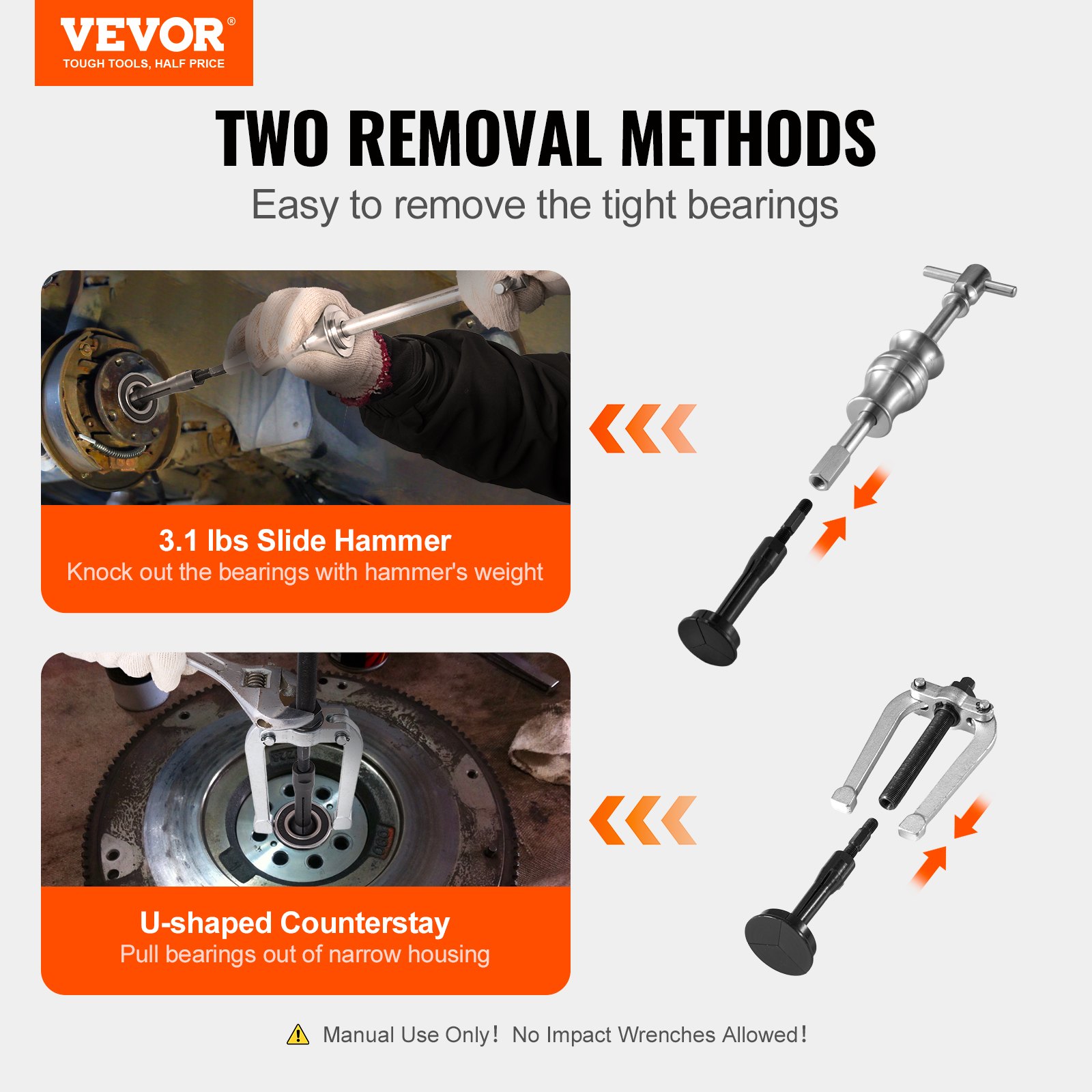 VEVOR blind hole bearing puller set with slide hammer and u-shaped counterstay for bearing removal.
