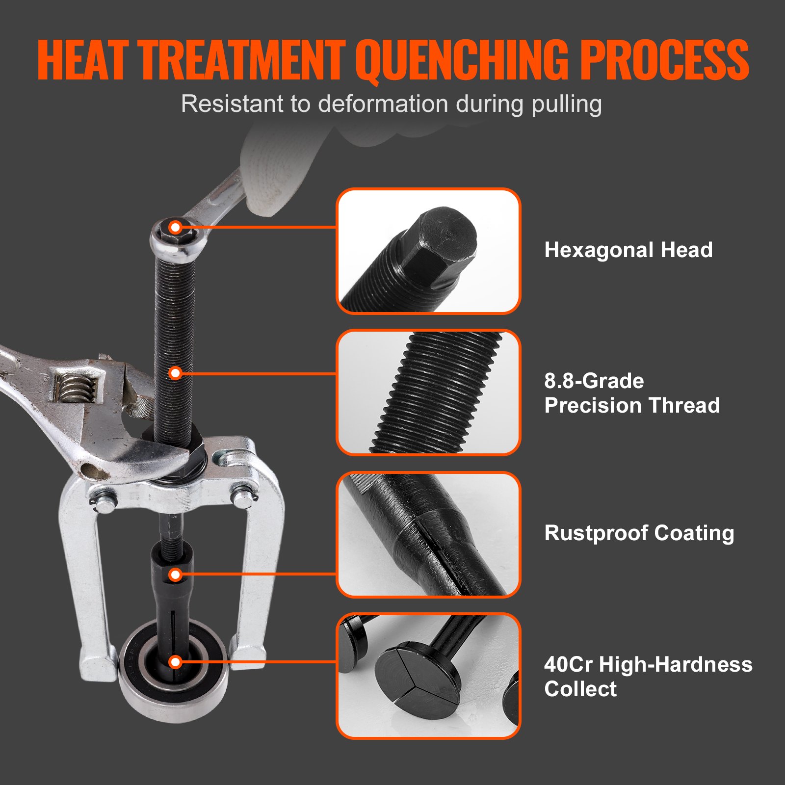 VEVOR blind hole bearing puller set showcasing hexagonal head, precision thread, and high-hardness collet.