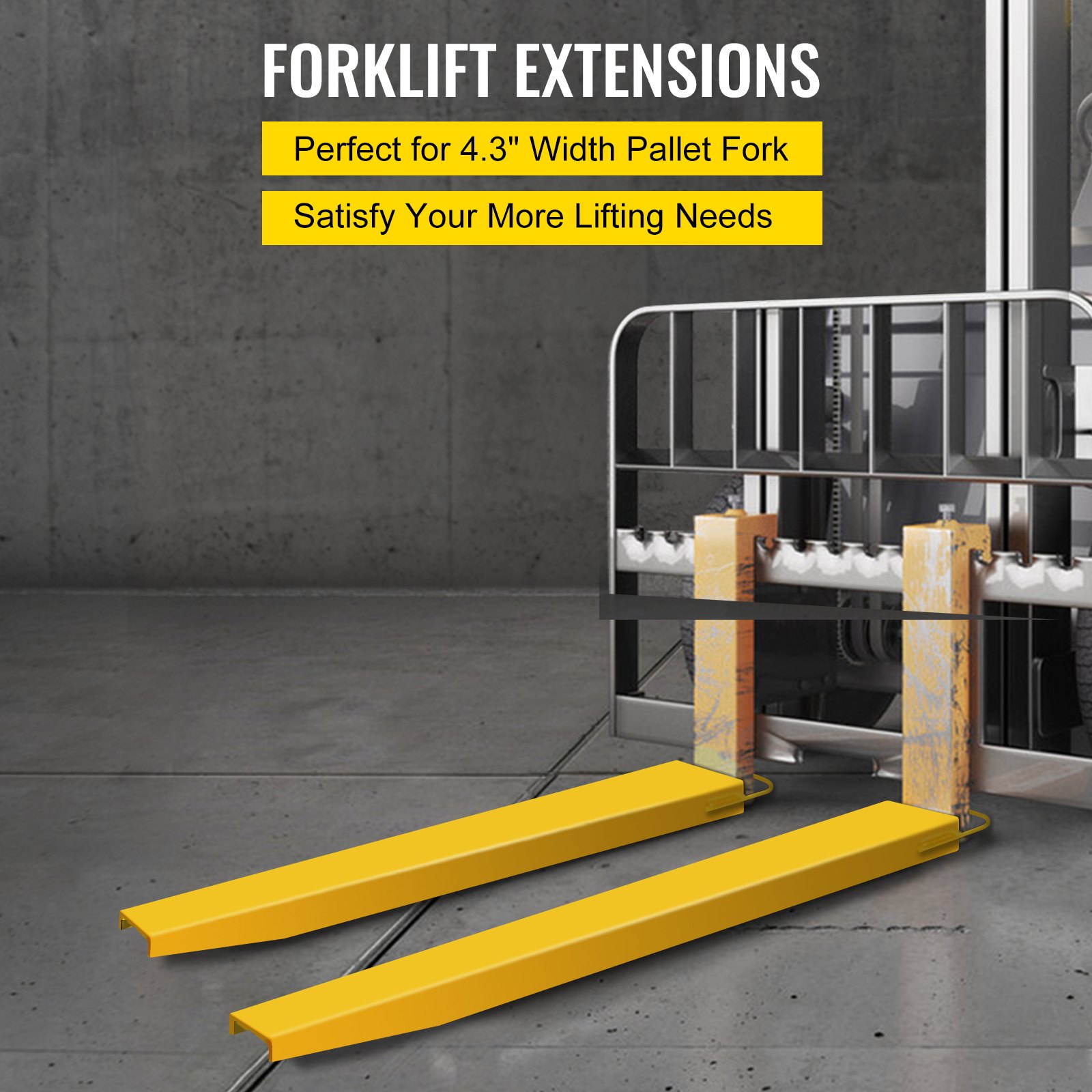 yellow VEVOR fork extensions on a forklift, suitable for 4.3&quot; width pallet forks.