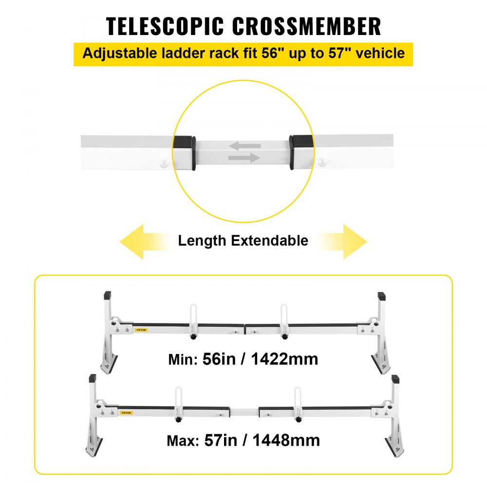 VEVOR van ladder roof racks with adjustable telescopic crossmember, extends from 56in to 57in.