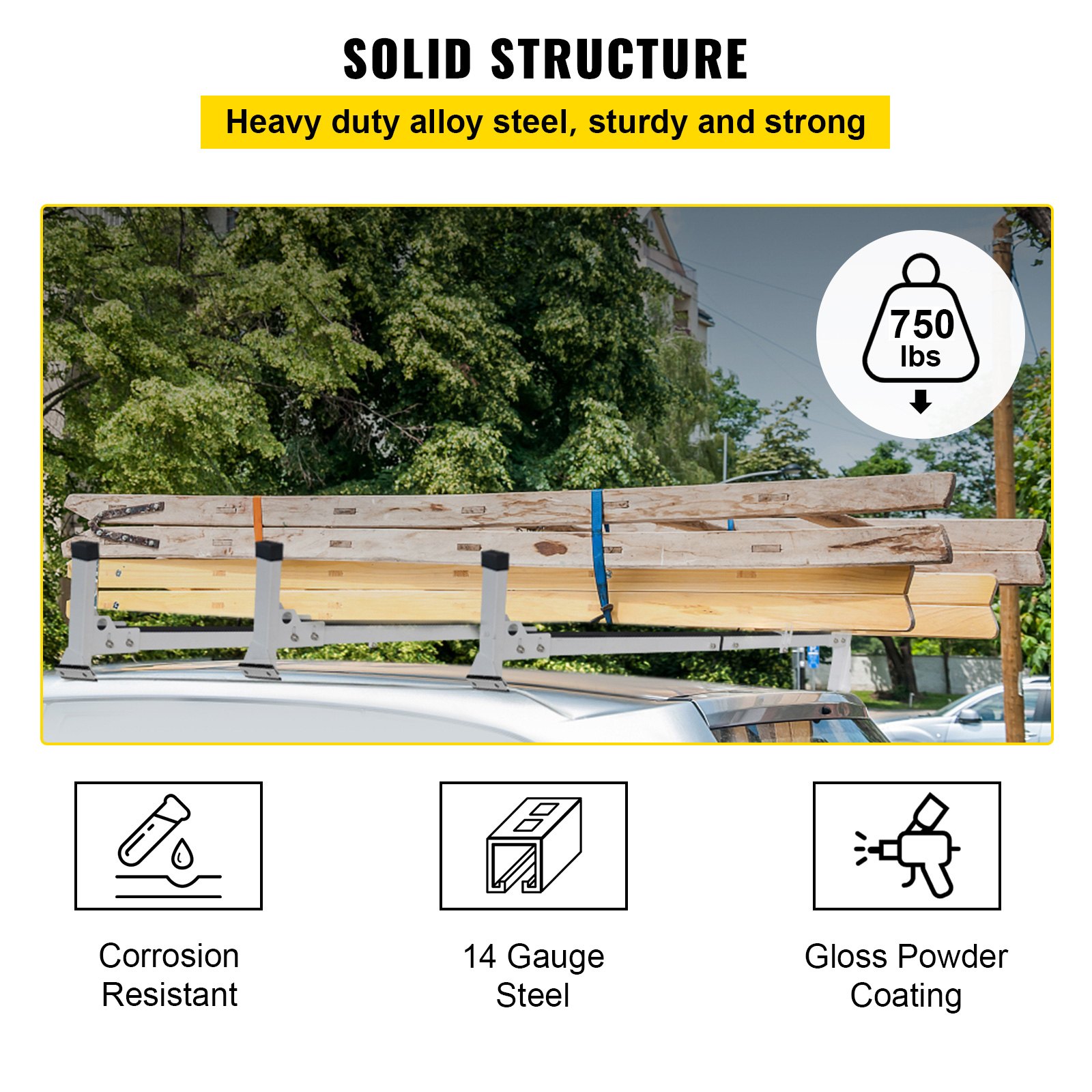 VEVOR van ladder roof racks with 750 lbs capacity, corrosion-resistant 14-gauge steel, gloss powder coating.